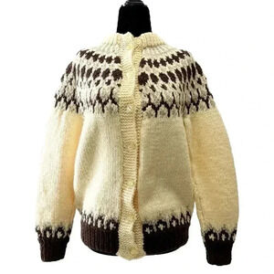 Hand Knit Cardigan Button Up Sweater Fair Isle Yellow and Brown  Size Small